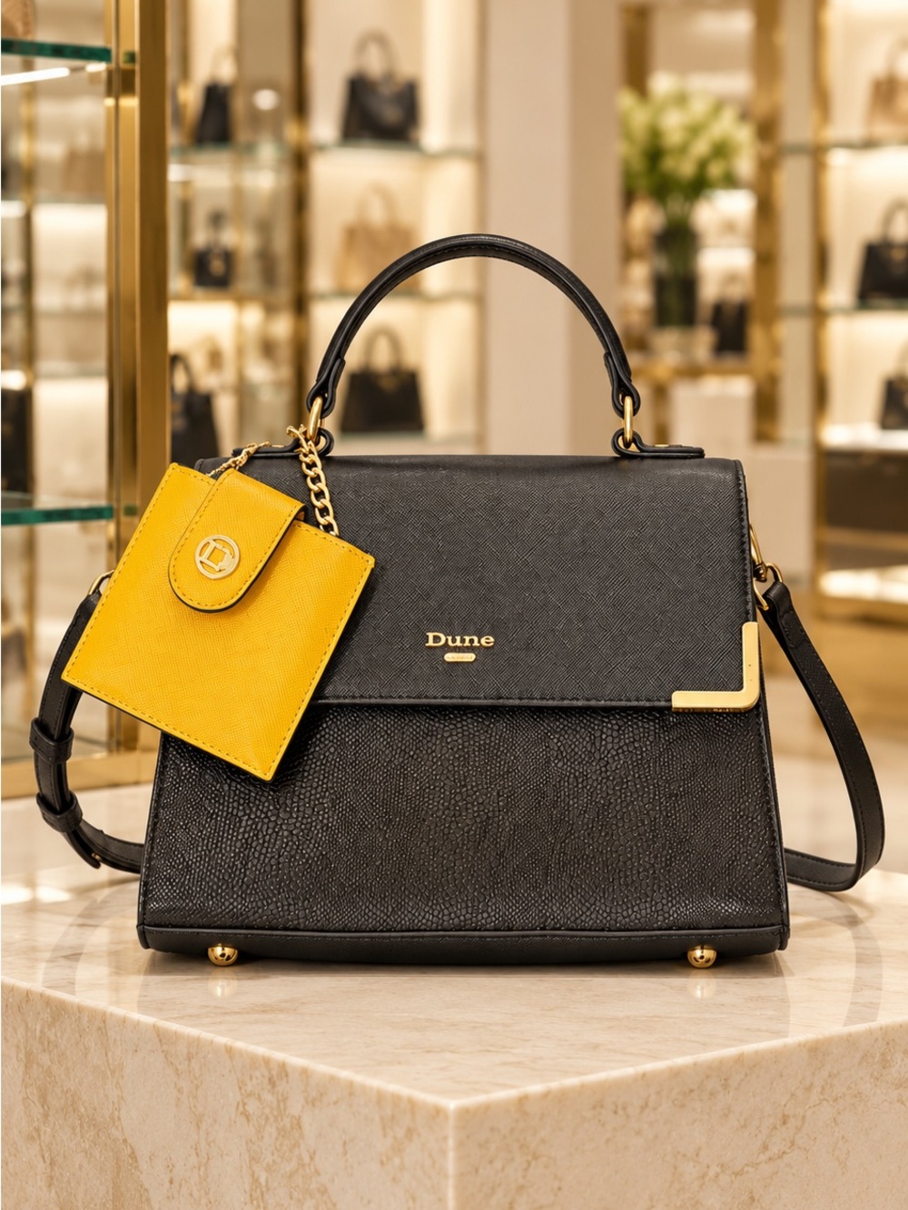Dune London Black Textured Satchel Yellow Charm Gold Hardware